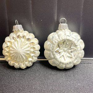 EUC S/2 Glass Ornaments, Starburst, Scalloped, White-Silver, Ks Brand, 2 1/8" D
